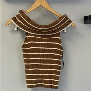 Freshman Chocolate & Cream Striped Cable Knt Top Sleeveless on/off Shoulder Sz L